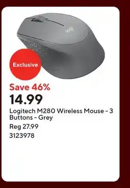 Staples Logitech M280 Wireless Mouse - 3 Buttons - Grey offer