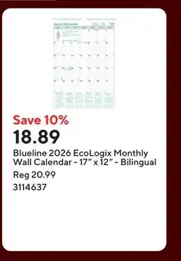 Staples Blueline 2026 EcoLogix Monthly Wall Calendar - 17 x 12 - Bilingual offer