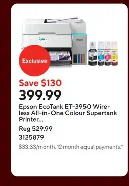 Staples Epson EcoTank ET-3950 Wireless All-in-One Colour Supertank Printer ñ White offer