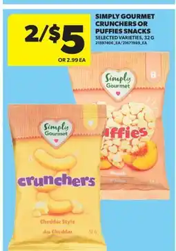 Real Canadian Superstore SIMPLY GOURMET CRUNCHERS OR PUFFIES SNACKS, 32 G offer