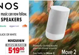 2001 Audio Video MOVE2US1B/W SONOS PORTABLE SPEAKERS offer