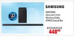2001 Audio Video HWS700D SAMSUNG Ultra-slim 3.1ch. Wireless Dolby ATMOS Sound Bar offer
