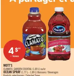 Pharmaprix MOTT'S CLAMATO, GARDEN COCKTAIL (1,89 L) or OCEAN SPRAY (1,77 L - 1,89 L) Beverages offer