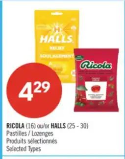 Pharmaprix RICOLA (16) ou/or HALLS (25 - 30) Pastilles / Lozenges offer