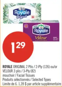 Pharmaprix ROYALE ORIGINAL 2-Ply (126) or VELOUR 3-Ply (82) Facial Tissues offer