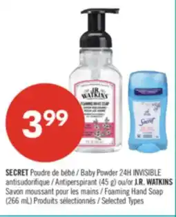 Pharmaprix SECRET Baby Powder 24H INVISIBLE Antiperspirant (45 g) J.R. WATKINS Foaming Hand Soap (266 mL) offer