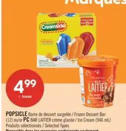 Pharmaprix POPSICLE Frozen Dessert Bar (12) or PC BAR Ice Cream (946 mL) offer