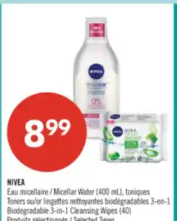 Pharmaprix NIVEA Micellar Water (400 mL), toniques Toners or Biodegradable 3-in-1 Cleansing Wipes (40) offer