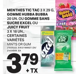 L'Intermarché MENTHES, 3 X 29 G GOMME, 20 UN. OU GOMME SANS SUCRE OU JUICY FRUIT, 3 X 18 UN. | MINTS OR GUM offer