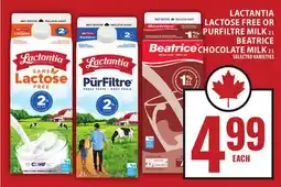 Food Basics LACTANTIA LACTOSE FREE OR PURFILTRE MILK OR BEATRICE CHOCOLATE MILK offer