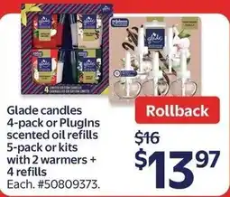 Walmart Glade candles 4-pack or Plugins scented oil refills 5-pack or kits with 2 warmers + 4 refills offer