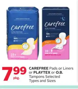 Rexall CAREFREE Pads or Liners or PLAYTEX or O. B. Tampons offer