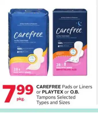 Rexall CAREFREE Pads or Liners or PLAYTEX or O. B. Tampons offer