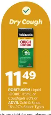 Rexall ROBITUSSIN Liquid 100mL-115mL or Coughgels 20's or ADVIL Cold & Sinus 16's-20' s offer