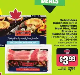 FreshCo Schneiders Bacon 100-375 g Schneiders Meat Pies, Mini Sizzlers or Sausage Rounds Frozen 375-400 g offer