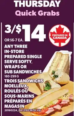 Independent City Market ANY THREE IN-STORE PREPARED SINGLE SERVE SOFTY WRAPS OR SUB SANDWICHES 180-299 G offer
