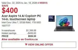 Costco Acer Aspire 14 Al Copilot+ PC 14-in. touchscreen laptop offer