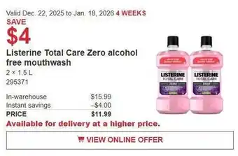 Costco Listerine Total Care Zero alcohol free mouthwash offer