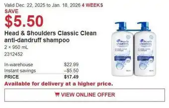 Costco Head & Shoulders Classic Clean anti-dandruff shampoo offer