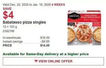 Costco Sabatasso pizza singles offer