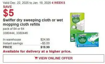 Costco Swiffer dry sweeping cloth or wet mopping cloth refills offer