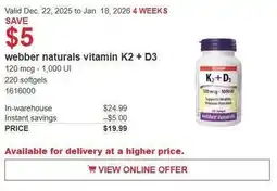 Costco Webber naturals vitamin k2 + d3 offer