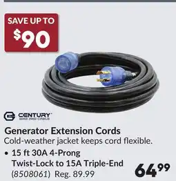 Princess Auto 15 ft 30A 4-Prong Twist-Lock to 15A Triple-End Generator Extension Cords offer