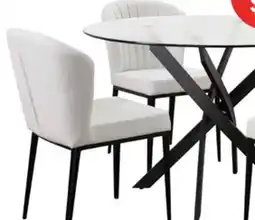 The Brick Zoe 5pc Dining Set with Table & 4 Chairs, Glass Top, Metal Geometric Base, 47W Round - Black & Ivory offer