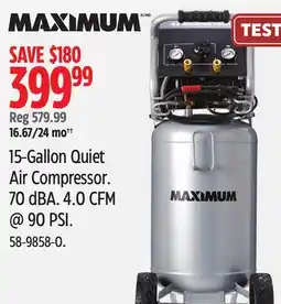 Canadian Tire 15-Gallon Quiet Air Compressor. 70 dBA. 4.0 CFM @ 90 PSI offer