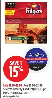 Canadian Tire Keurig Selected Timothy's and Folgers K-Cup Pods offer