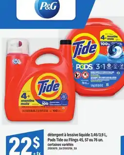 Maxi DÉTERGENT À LESSIVE LIQUIDE 3,46/3,9 L, PODS TIDE OU FLINGS 45, 57 OU 76 UN offer
