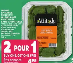 IGA ATTITUDE FRAÎCHE BABY SPINACH, ARUGULA OR SPRING MIX WITHOUT TOPPINGS offer