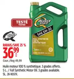 Canadian Tire Quaker Full Synthetic Motor Oil. 3 grades available. 5L offer