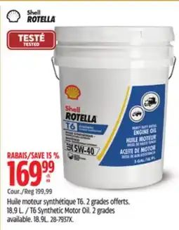 Canadian Tire Rotella T6 Synthetic Motor Oil. 2 grades available. 18.9L offer
