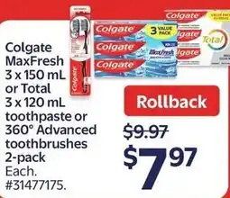 Walmart Colgate MaxFresh or Total toothpaste or 360° Advanced toothbrushes offer