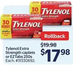 Walmart Tylenol Extra Strength caplets or EZ Tabs 230s offer