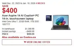 Costco Acer Aspire 14 Al Copilot+ PC 14-in. touchscreen laptop offer
