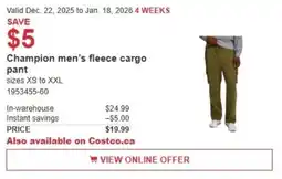 Costco Champion men's fleece cargo pant offer