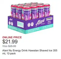 Costco Alani Nu Energy Drink Hawaiian Shaved Ice 355 mL 12-pack offer
