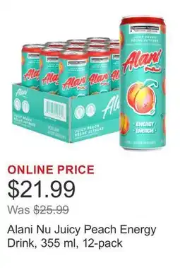Costco Alani Nu Juicy Peach Energy Drink, 355 ml, 12-pack offer