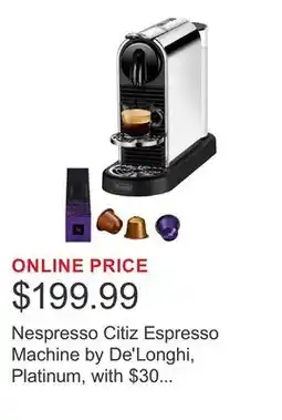 Costco Nespresso Citiz Espresso Machine by De'Longhi, Platinum, with $30 Nespresso coffee voucher offer