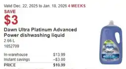 Costco Dawn Ultra Platinum Advanced Power dishwashing liquid offer