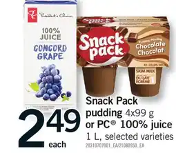Fortinos SNACK PACK 4X99 G OR PC 100% JUICE 1 L offer