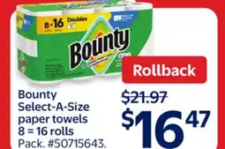 Walmart Bounty Select-A-Size paper towels 8 = 16 rolls offer