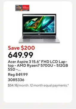Staples Acer Aspire 3 15.6 FHD LCD Laptop - AMD Ryzen7 5700U - 512GB SSD - 16GB RAM - Windows 11 - Silver offer