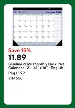Staples Blueline 2026 Monthly Desk Pad Calendar - 21-1/4 x 16 - English offer