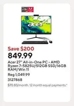 Staples Acer 27 All-in-One PC - AMD Ryzen 7-5825U/512GB SSD/16GB RAM/Win 11 offer