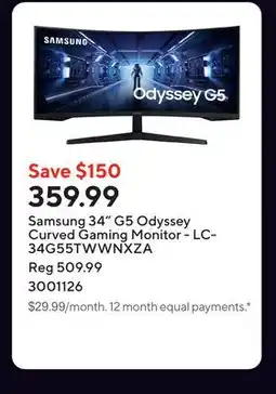 Staples Samsung 34 G5 Odyssey Curved Gaming Monitor - LC34G55TWWNXZA offer