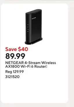 Staples NETGEAR 4-Stream Wireless AX1800 Wi-Fi 6 Router† offer