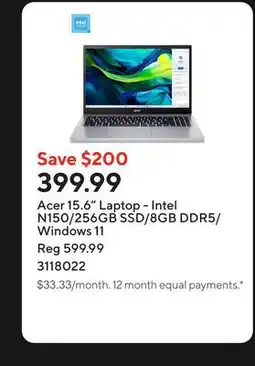 Staples Acer 15.6 Laptop - Intel N150/256GB SSD/8GB DDR5/Windows 11 offer